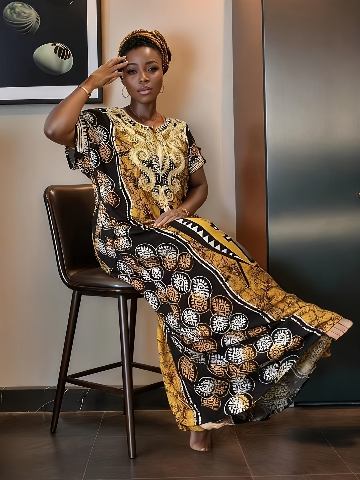 Maxi Kaftan Dress Women Arabic Abaya Robe Golden Embroidered Islamic Embellishments Batwing Sleeve Round Neck Long Modest Dress Machine Washable