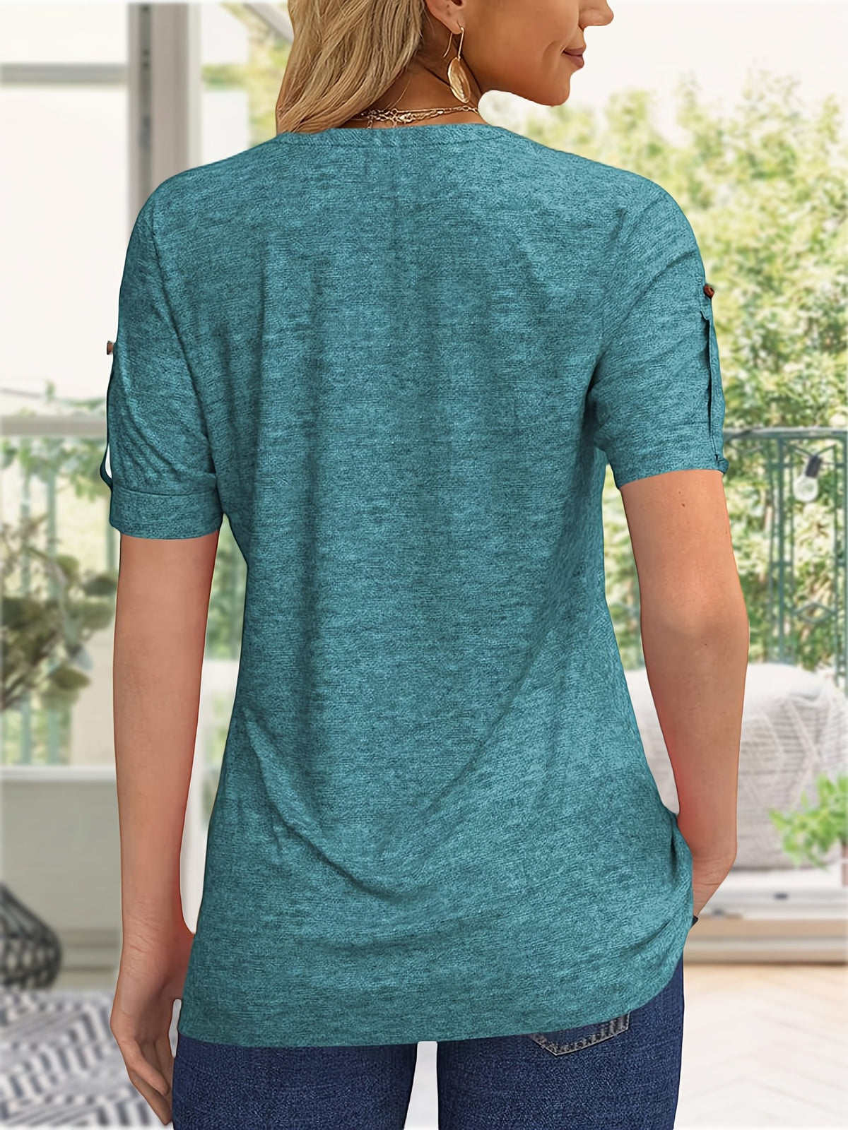 Button Front V-Neck Top Women Pleated Detail Short Sleeve Solid Color Casual Summer Blouse Lightweight Breathable Machine Washable