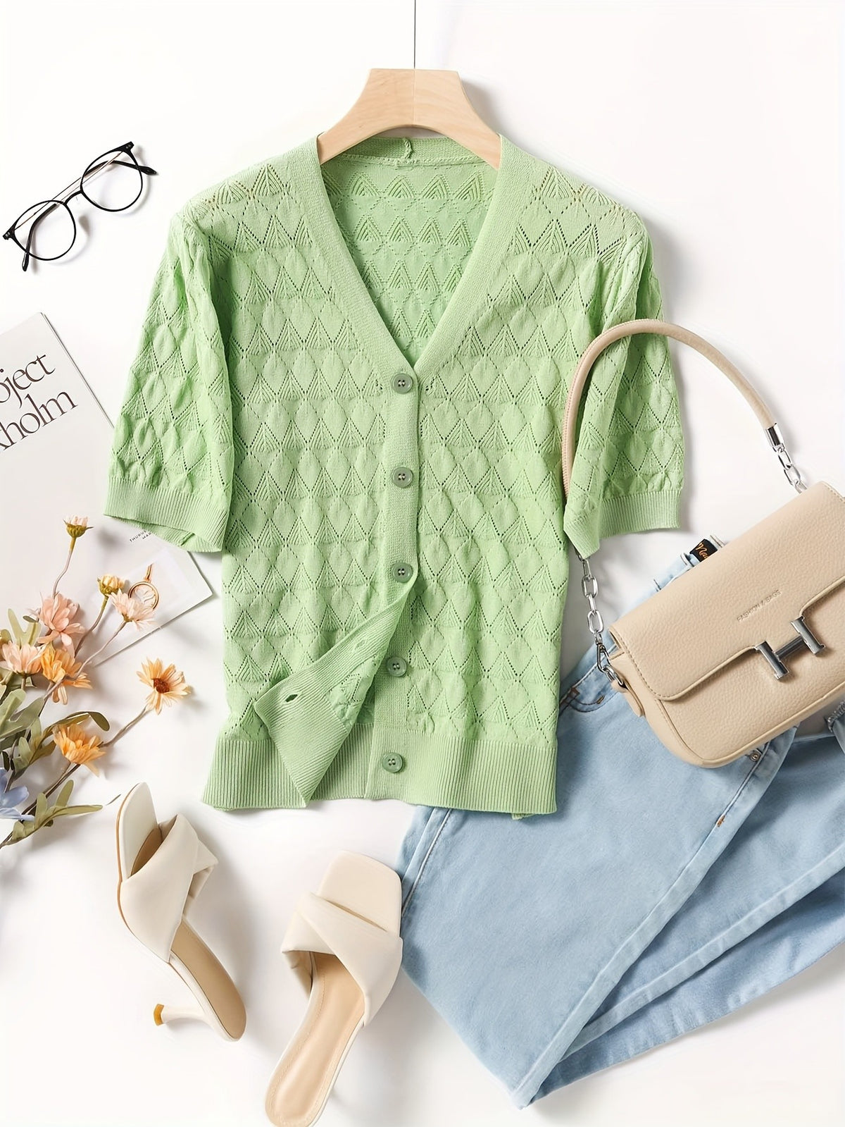 Women's Cropped Crochet Cardigan Puff Sleeve Linen Blend Sheer Lace Knit Short Top Breathable Lightweight Spring Summer Boho Fashion