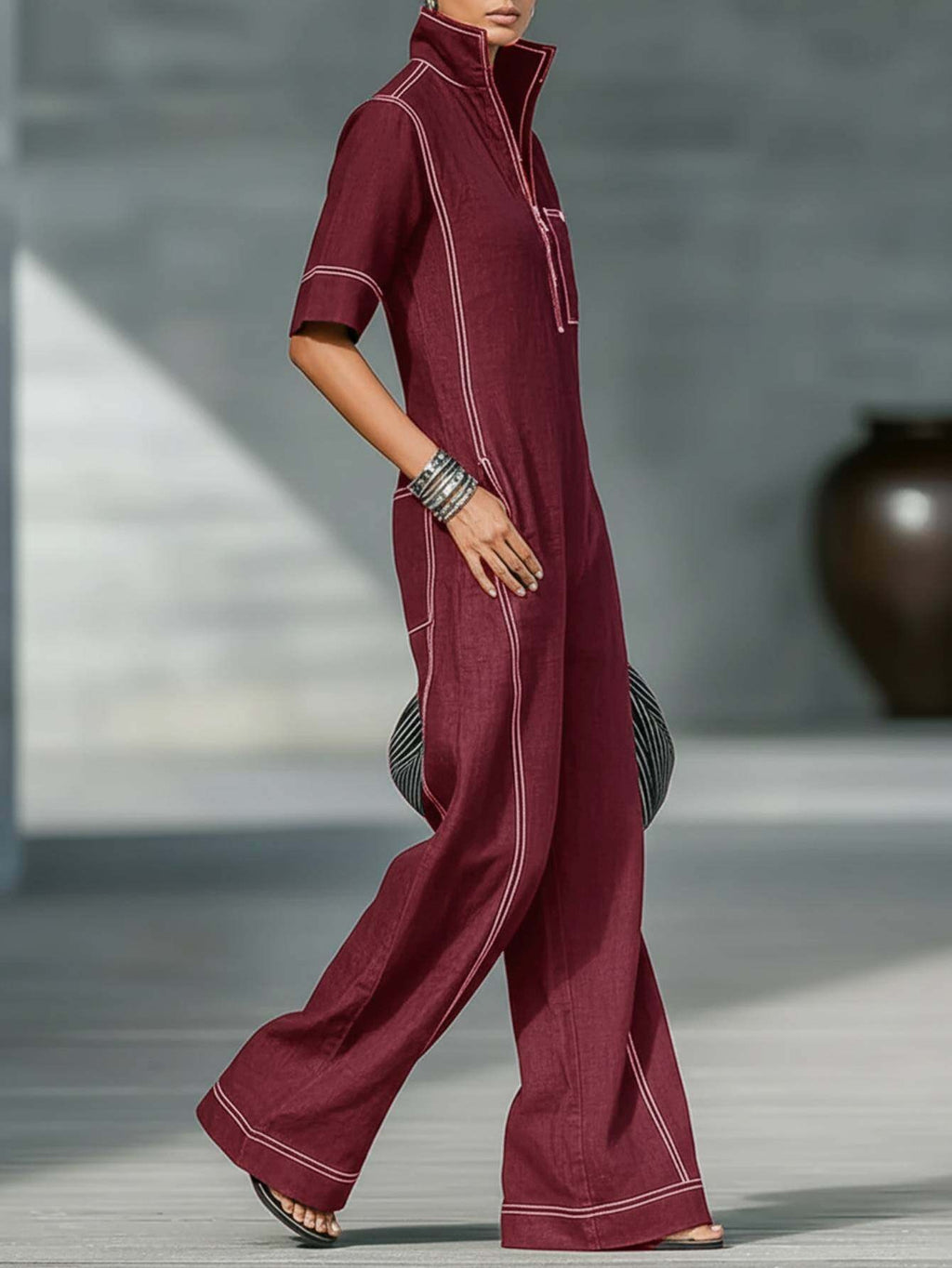Wide-Leg Jumpsuit for Women White Line Decorative Sleeveless Elegant Street Style Casual One Piece Outfit Summer Fashion S-XXL