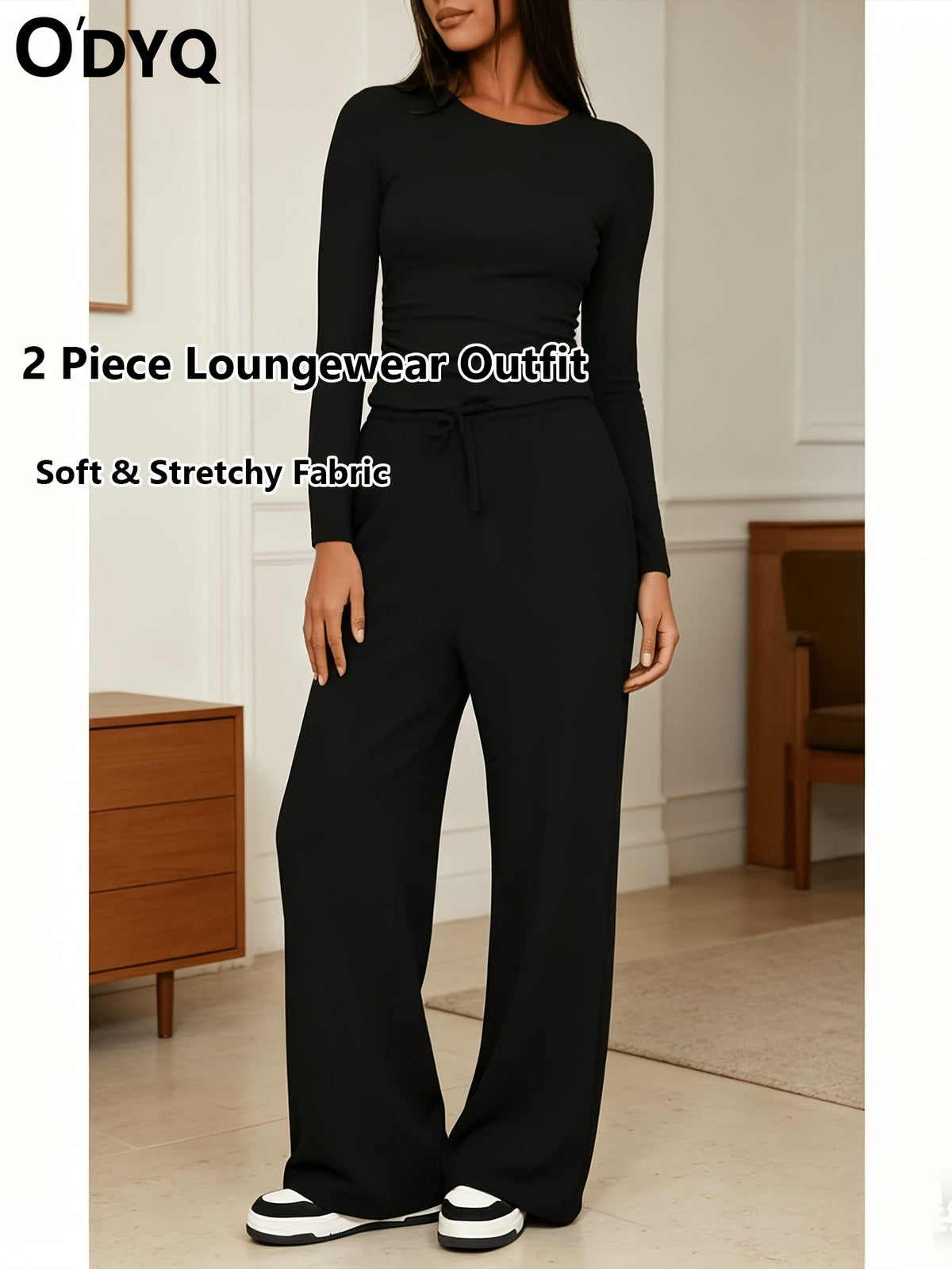 Women's 2 Piece Loungewear Set Casual Long Sleeve Top & High Waist Wide Leg Pants Sweatsuit Matching Outfit