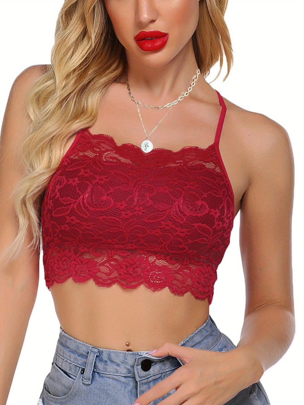 Lace Bralette Crop Top for Women | High Neck Racerback Camisole | Double-Layer Lace Cami Bra Top | Sexy Lingerie-Style Casual Tank Women