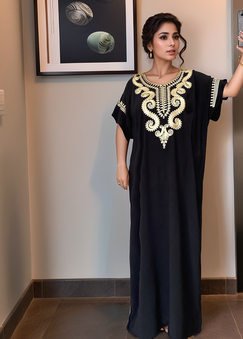 Women's Kaftan Dress Muslim Short Sleeve Round Neck Modest Robe for Hajj Eid Wedding Everyday Wear Year-Round Comfortable Cultural Dress for Women