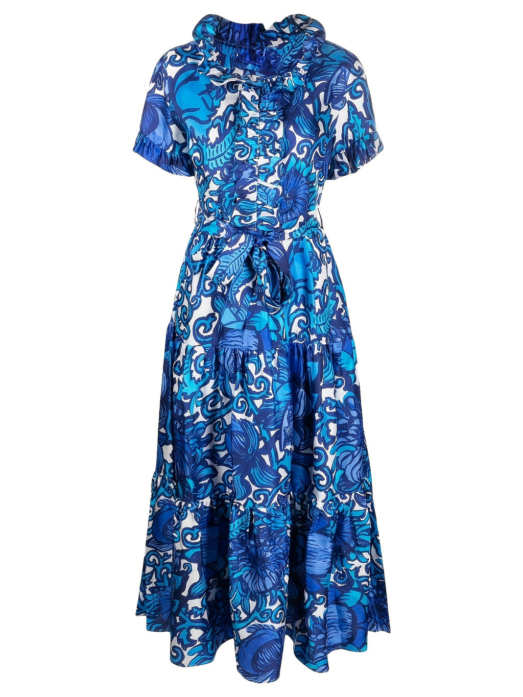 Floral Print Maxi Dress Women V-Neck Ruffle Chest Belted Waist Tiered Skirt with Pockets | Blue Yellow Short Sleeve Summer Dress