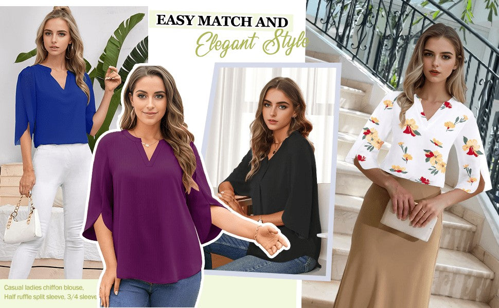 Chiffon Ruffle Blouse Women 3/4 Sleeve V-Neck Double Layer Loose Fit Casual Flowy Lightweight Top for Women