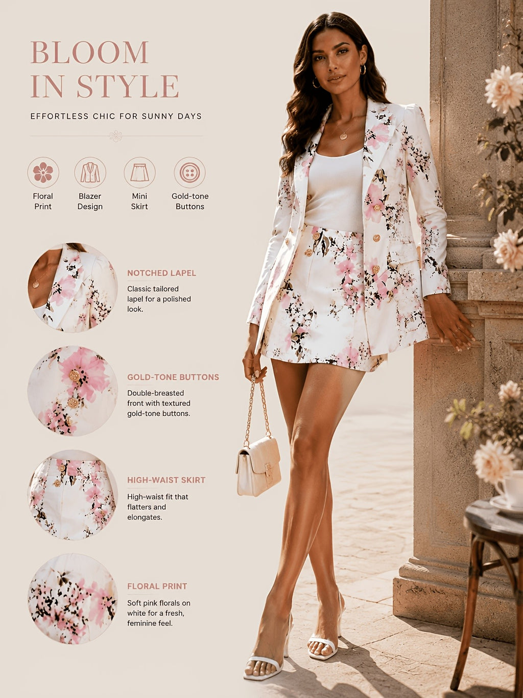 Women's Floral Print 2pcs Suit Set Long Sleeve Double-Breasted Blazer Jacket and Bodycon Skirt Elegant Casual Office Outfit