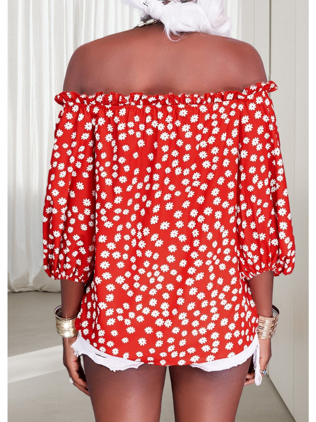Floral Off Shoulder Chiffon Blouse Women 3/4 Sleeve Casual Summer Top Shirt 10 Colors S-XXL