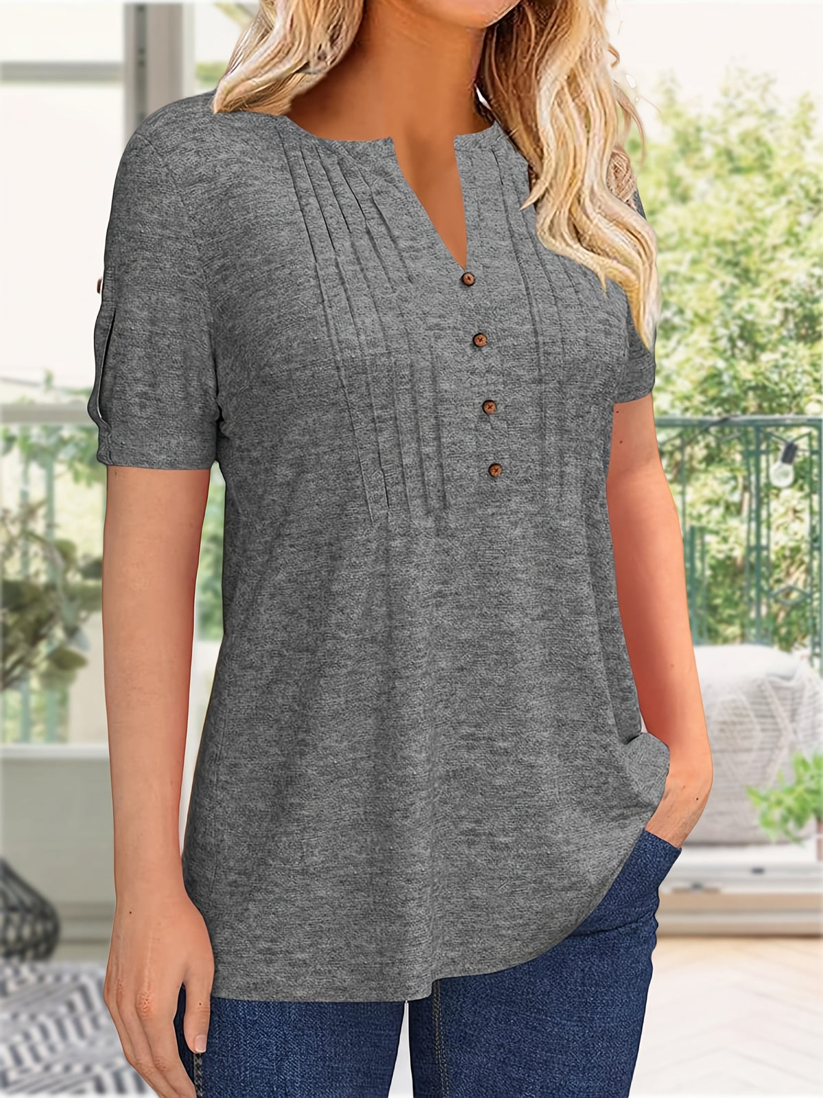 Button Front V-Neck Top Women Pleated Detail Short Sleeve Solid Color Casual Summer Blouse Lightweight Breathable Machine Washable