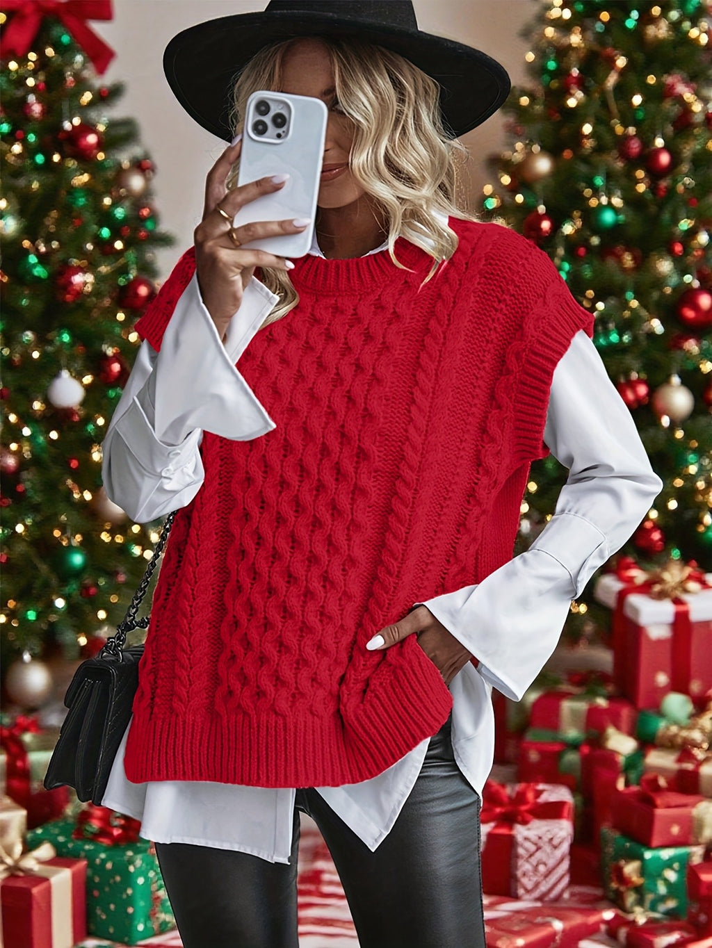 Cable Knit Sweater Vest Women Sleeveless Round Neck Slit Hem Solid Color Layering Top - Casual Semi-Formal Acrylic Knitwear Spring Summer Fall
