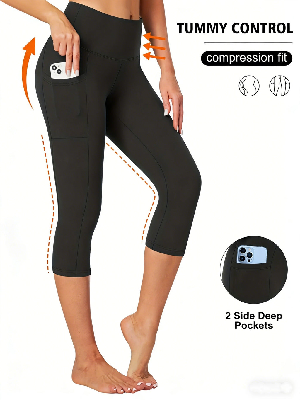 High Waist Capri Leggings with Pockets Women 4-Way Stretch Gray Workout Pants M-XXL Spring Summer Fall