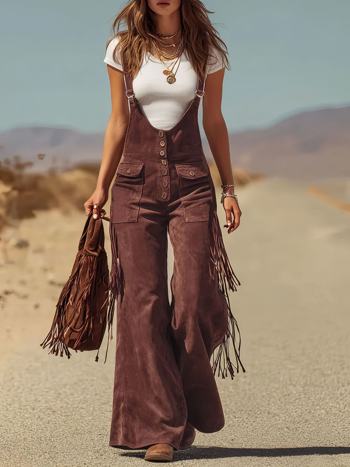 Vintage Fringe Overalls Women Wide Leg Loose Faux Suede Western Boho Festival Country Concert Halloween Costume Outfit