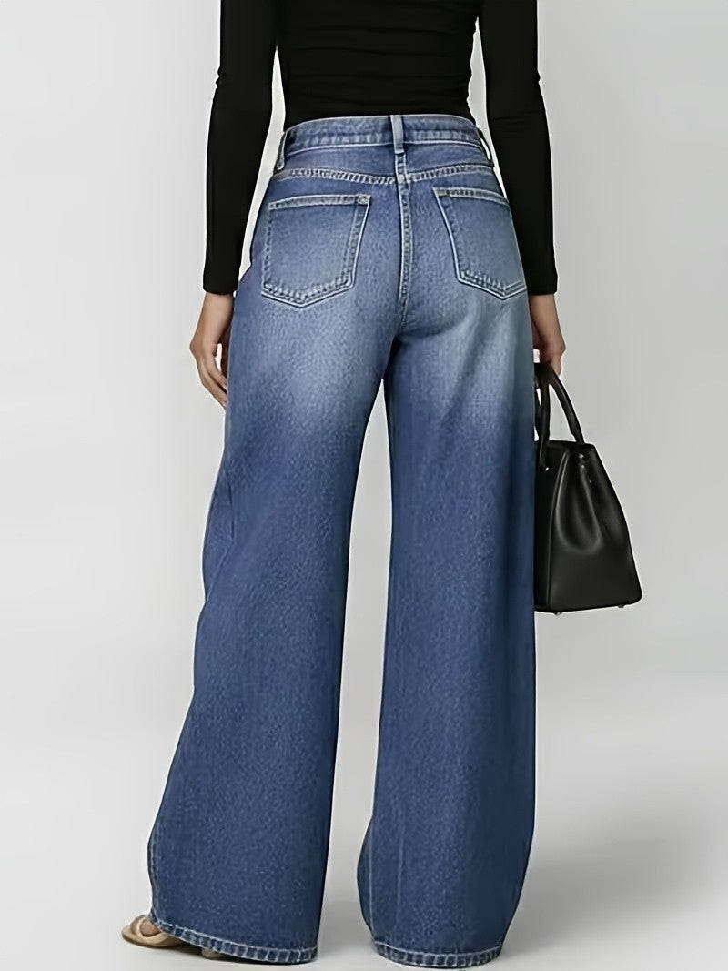 High Waist Wide Leg Jeans Women Retro Metal Eyelet Denim Pants Loose Casual Street Style Y2K Cool Streetwear