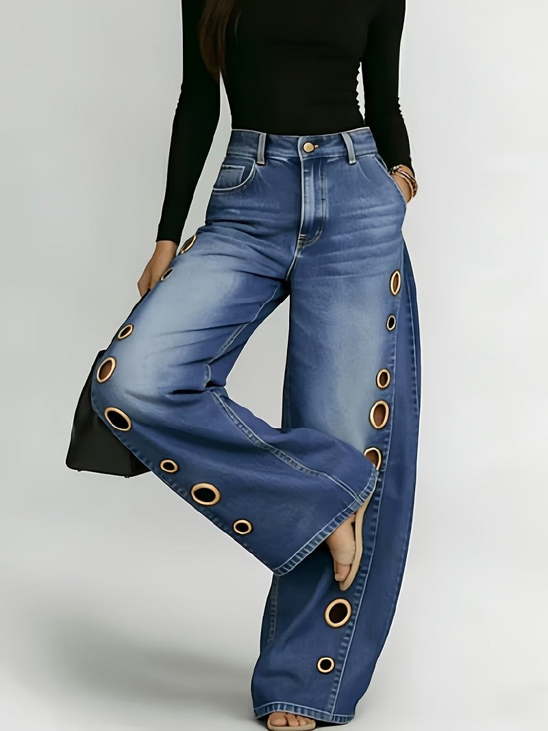 High Waist Wide Leg Jeans Women Retro Metal Eyelet Denim Pants Loose Casual Street Style Y2K Cool Streetwear