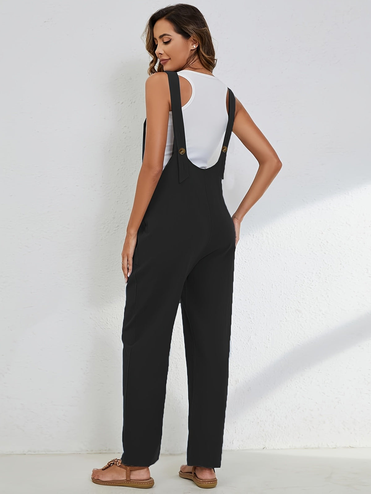 Linen Jumpsuit Women Wide Leg Casual Loose Overalls with Pockets Sleeveless Adjustable Strap Summer Palazzo Pants Romper Beige Black XS-XXL