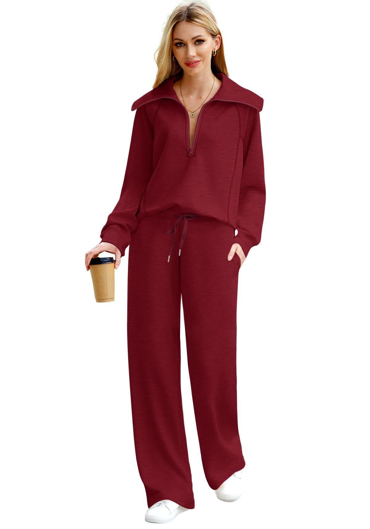 Zipper Sweatshirt Wide-Leg Pants 2 Piece Set Women Casual Tracksuit Outfit for Spring Fall - Loose Fit Jogger Co-ord Set