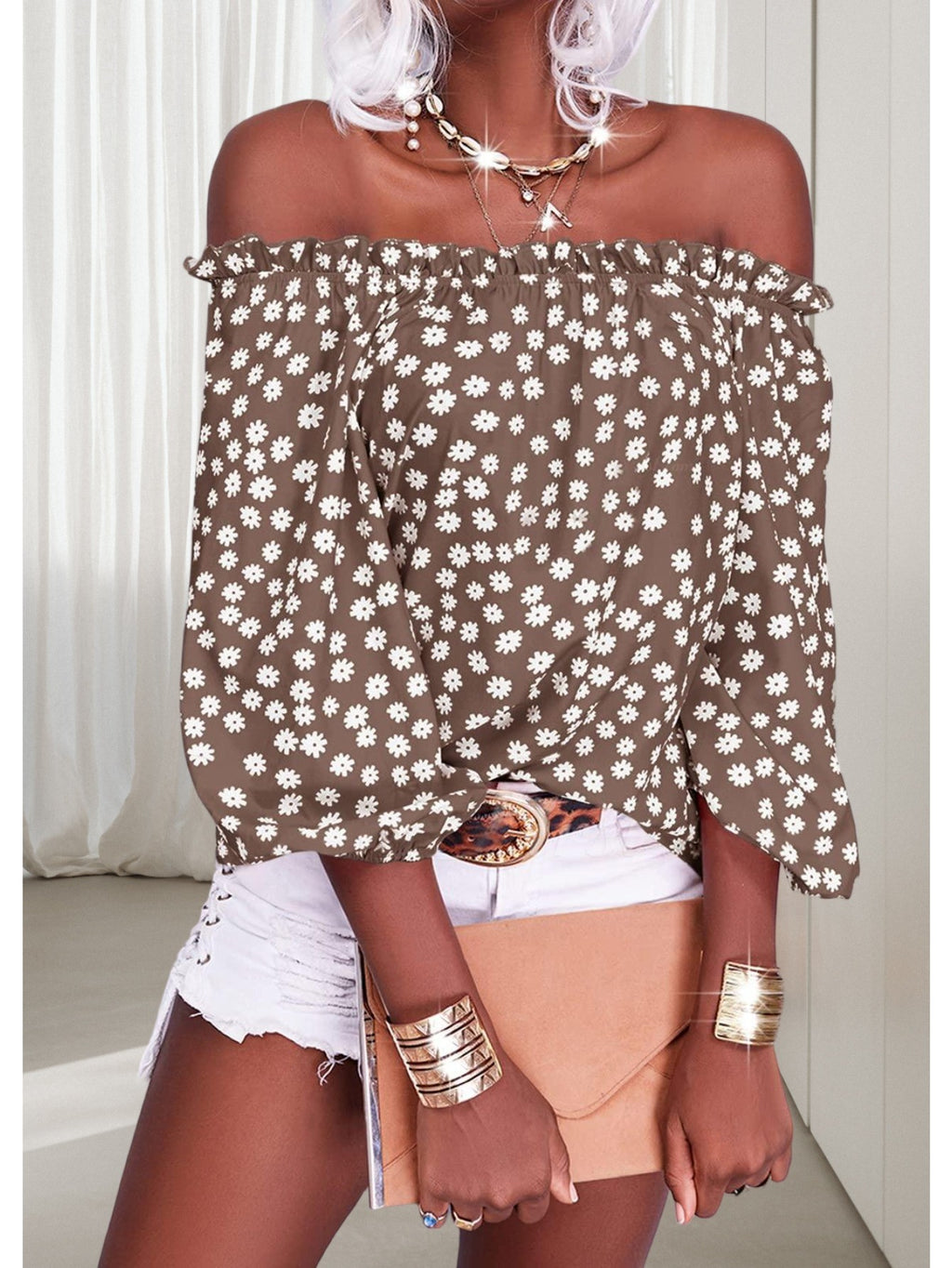 Floral Off Shoulder Chiffon Blouse Women 3/4 Sleeve Casual Summer Top Shirt 10 Colors S-XXL