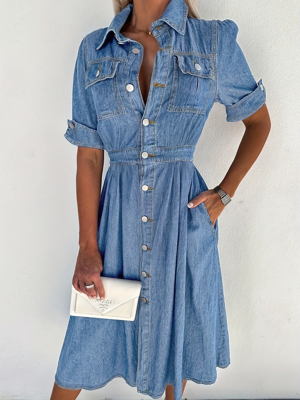 Women's A-Line Denim Jean Dress V-Neck Button Front with Pockets Casual Waist Fitted Shirt Dress Blue Dark Blue Medium Blue S-XXL