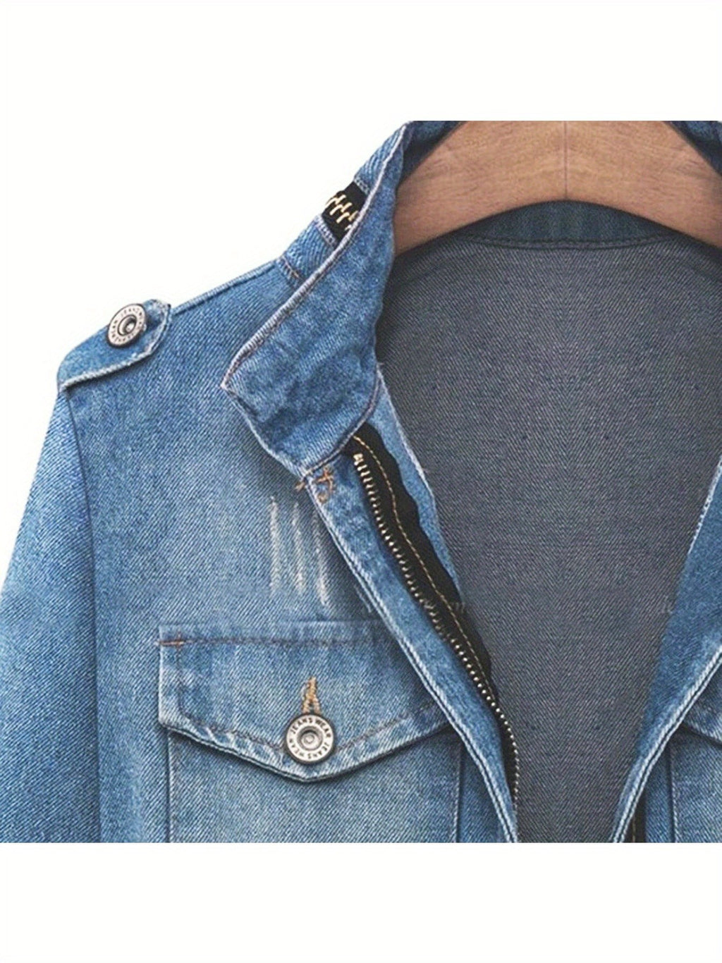 Round Neck Three Quarter Sleeve Short Denim Jacket Women Casual Daily Outfit Spring Autumn Jean Coat Blue Light Blue