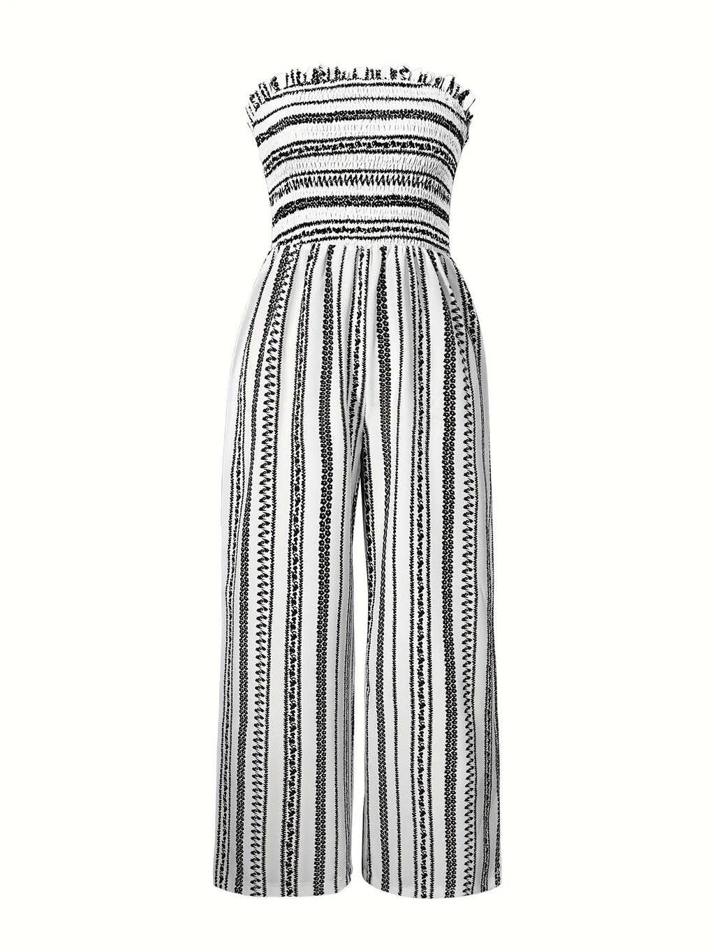 Strapless Striped Wide-Leg Jumpsuit Women Black White Smocked Tube Top Casual Loose Summer Vacation Romper S-XXL