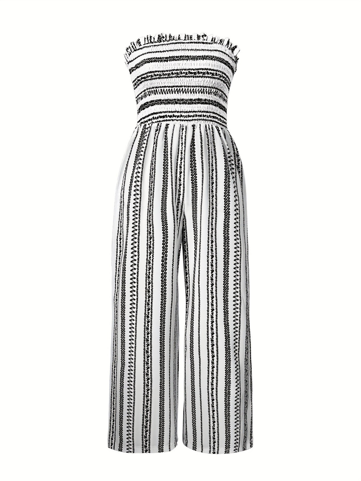 Strapless Striped Wide-Leg Jumpsuit Women Black White Smocked Tube Top Casual Loose Summer Vacation Romper S-XXL