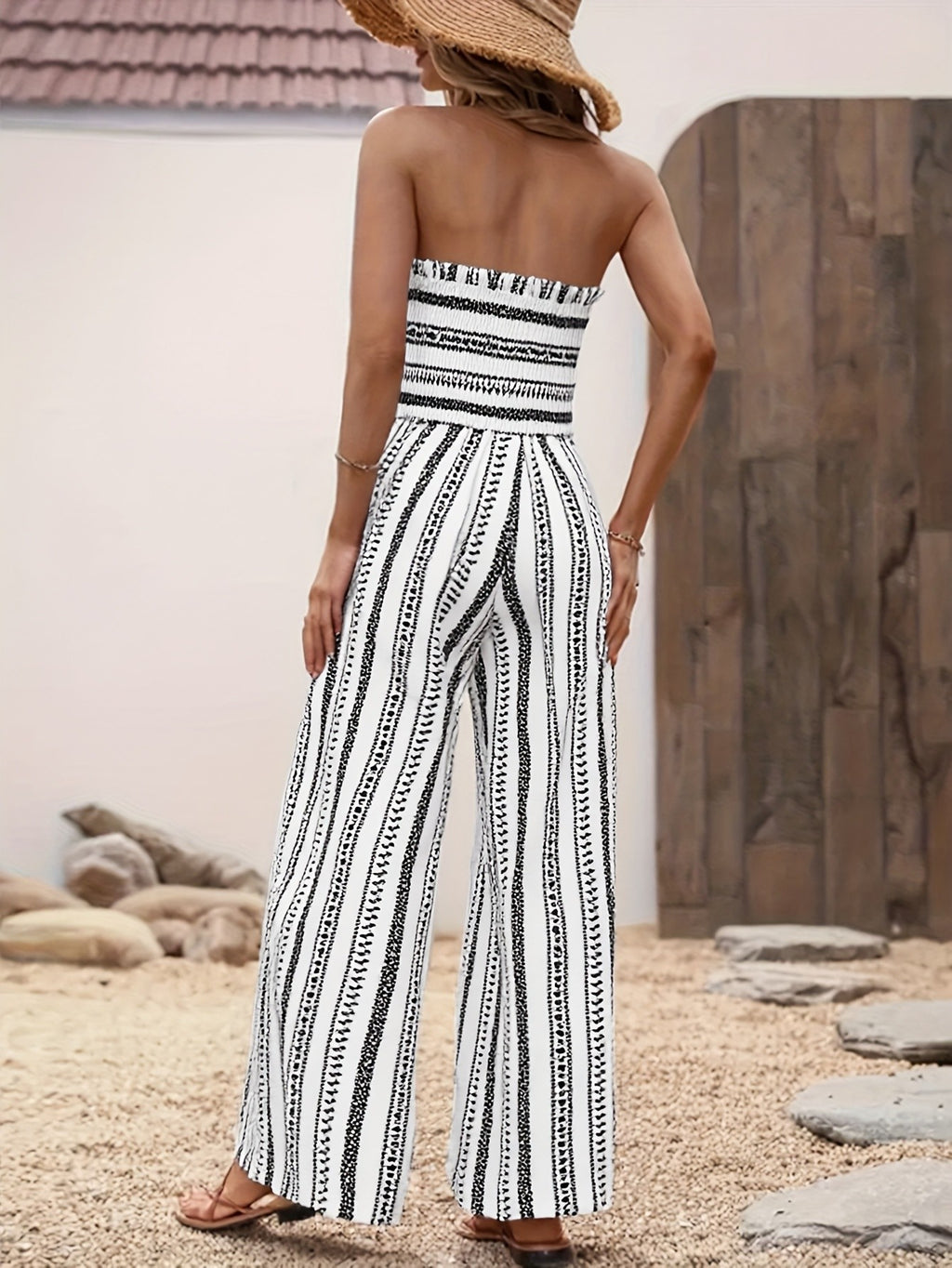 Strapless Striped Wide-Leg Jumpsuit Women Black White Smocked Tube Top Casual Loose Summer Vacation Romper S-XXL