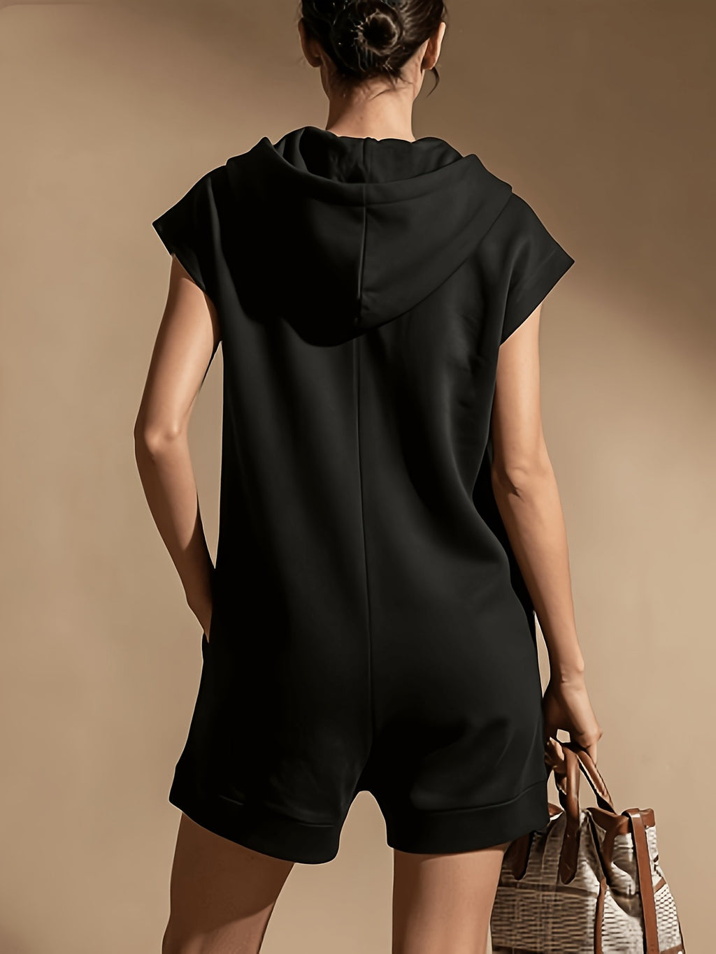 Women's Hooded Sweatshirt Sports Jumpsuit Solid Color Casual Athletic One Piece Hoodie Romper Activewear for Outings & Gym