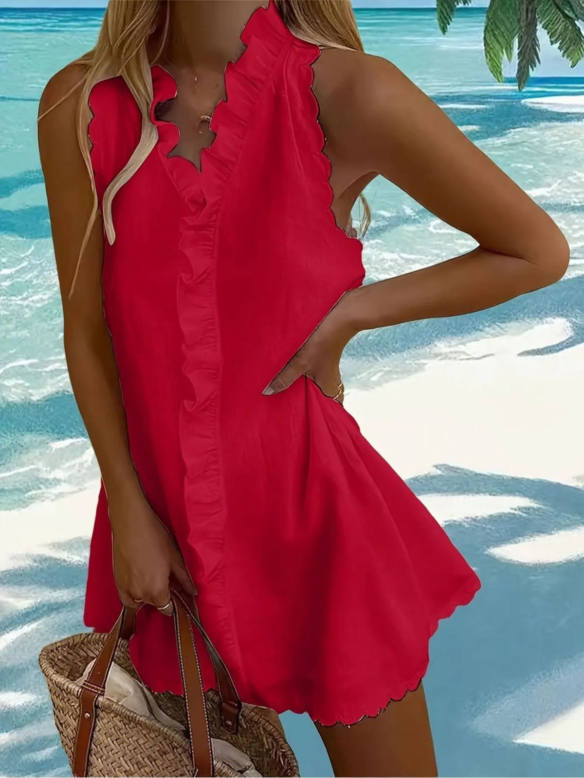 Ruffle Trim V-Neck Casual Dress Women Solid Color Embroidered A-Line Lightweight Summer Beach Midi Dress XS-XL
