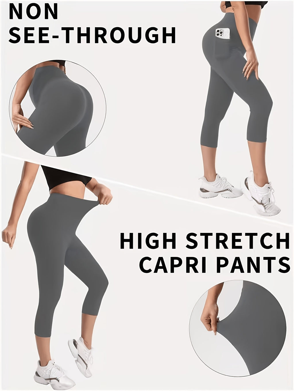 High Waist Capri Leggings with Pockets Women 4-Way Stretch Gray Workout Pants M-XXL Spring Summer Fall