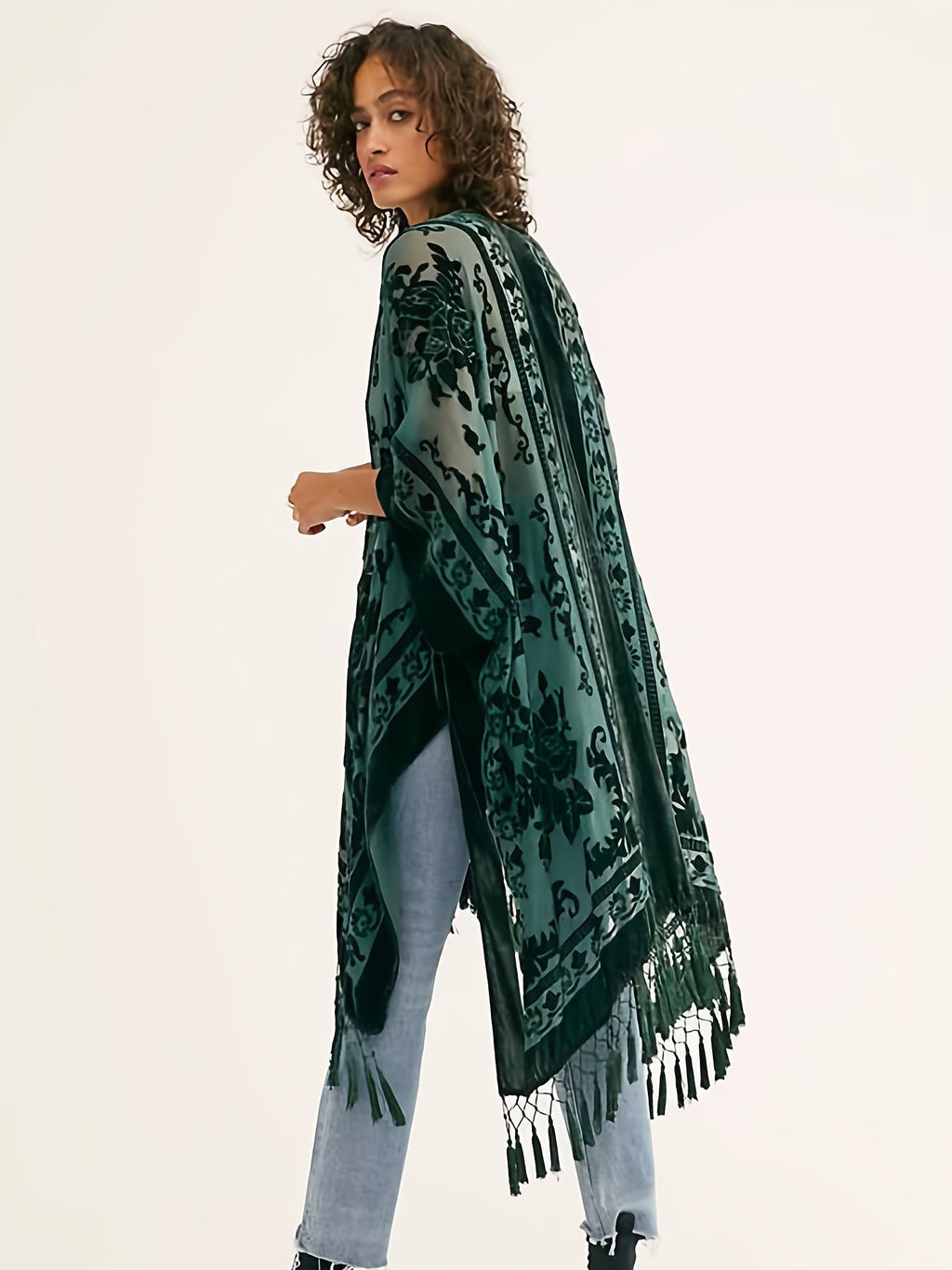 Boho Burnout Velvet Kimono Women Long Cardigan Cover Up Tassel Floral Embroidered One Size