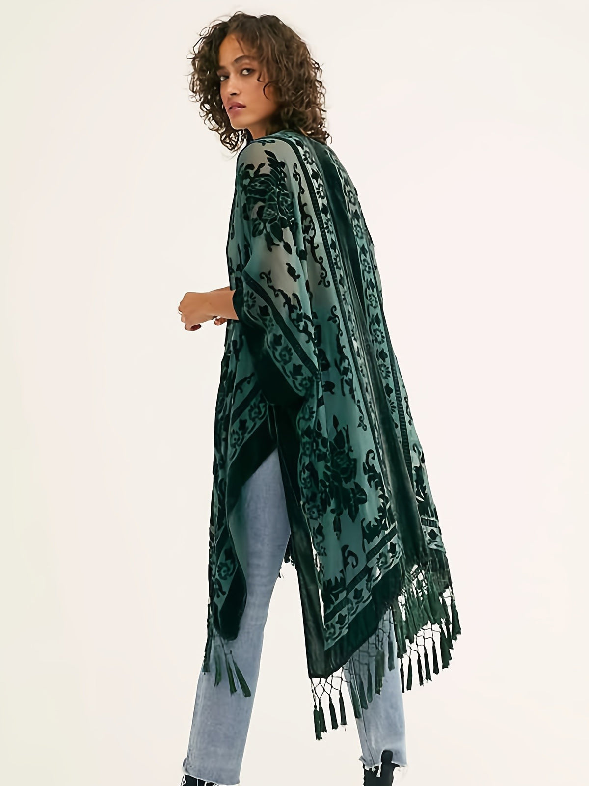 Boho Burnout Velvet Kimono Women Long Cardigan Cover Up Tassel Floral Embroidered One Size