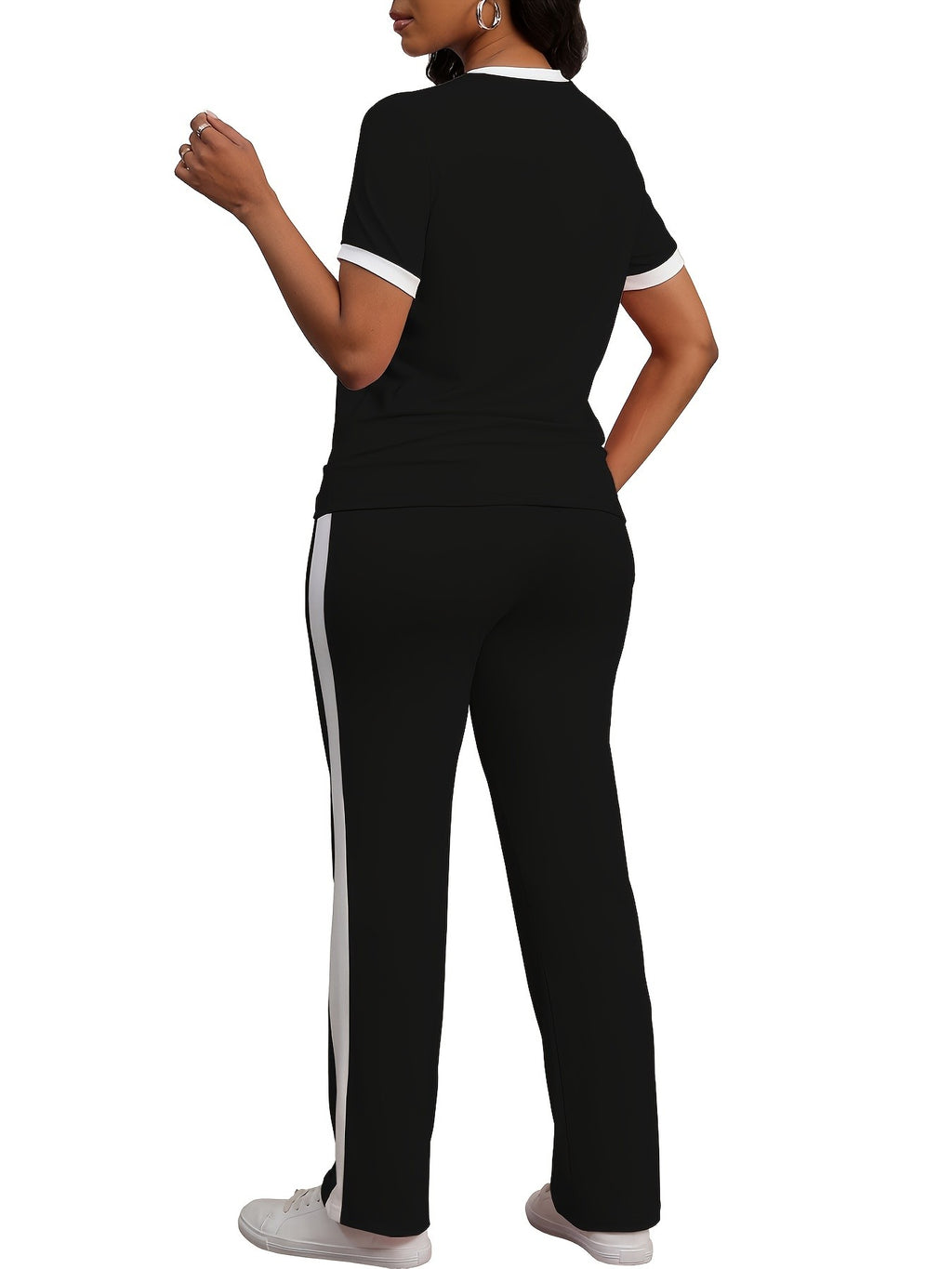 Women Colorblock 2 Piece Tracksuit Set Short Sleeve Crew Neck Top Striped Sweatpants Casual Lounge Jogger Matching Outfit for Workout Everyday Wear