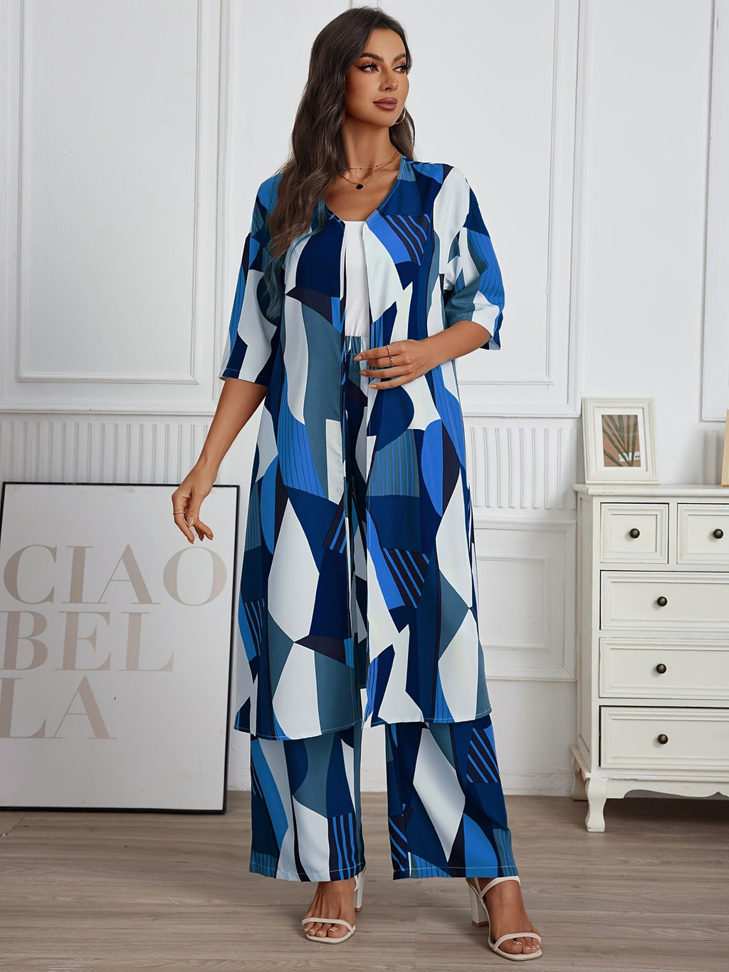 Women's 2 Piece Geo Print Pantsuit Set Short Sleeve Shirt and Wide Leg Pants Vacation Outfit Casual Elegant Summer Matching Set