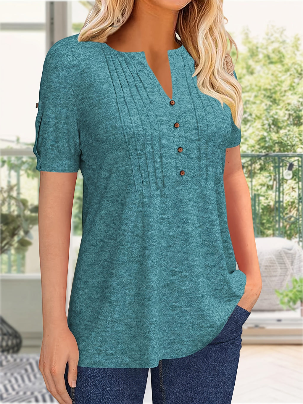 Button Front V-Neck Top Women Pleated Detail Short Sleeve Solid Color Casual Summer Blouse Lightweight Breathable Machine Washable