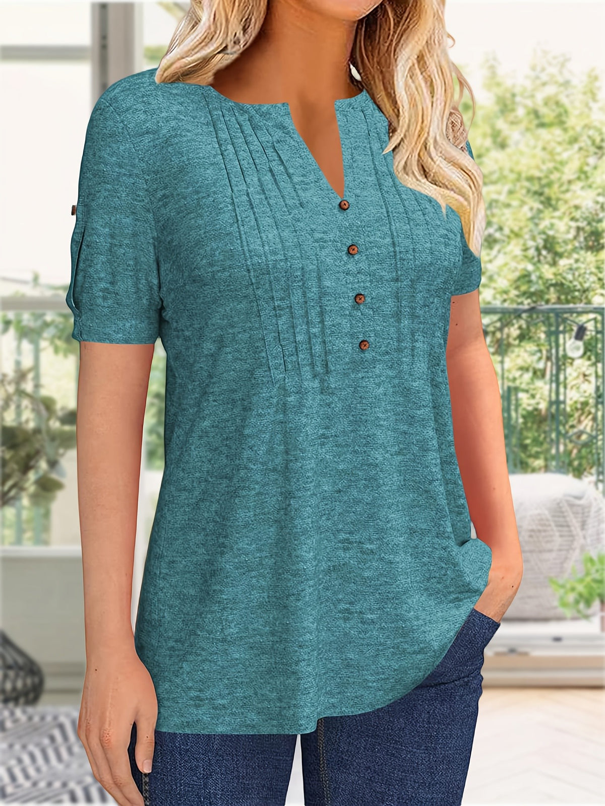 Button Front V-Neck Top Women Pleated Detail Short Sleeve Solid Color Casual Summer Blouse Lightweight Breathable Machine Washable