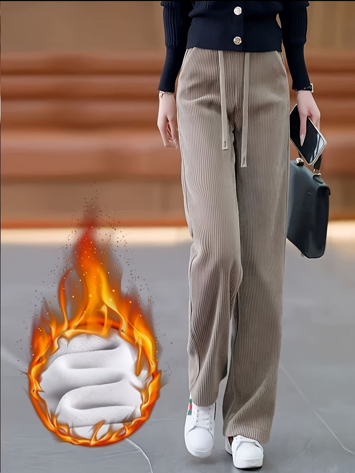 Corduroy High Waist Straight Leg Pants for Women – 100% Polyester Smooth Texture Loose Comfortable Fit, Solid Color Casual Four-Season Woven Trousers, Classic Versatile Everyday Bottoms S-XXL