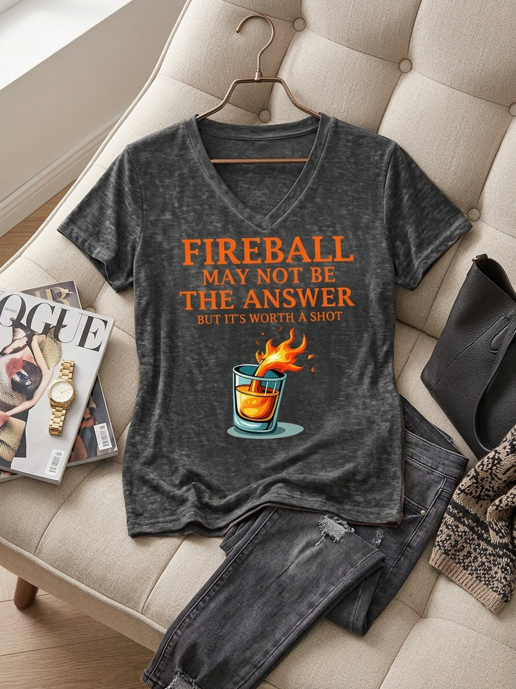 Fireball May Not Be The Answer Funny Quote V-Neck T-Shirt Women Casual Graphic Print 95% Polyester Stretch Knit Short Sleeve Novelty Holiday Gift Tee S-XXL
