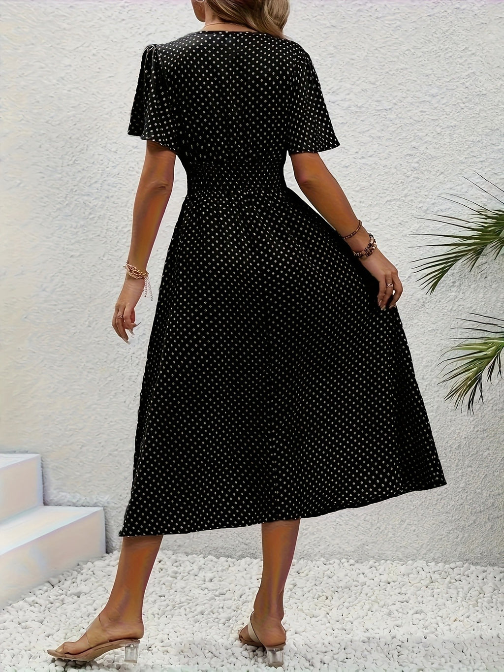 Polka Dot Swing Dress Women V-Neck Ruffled Sleeve Casual Long Dress Waist Enhancing Spring Summer Lightweight Pale Pink Gray Light Blue Green S-XXL