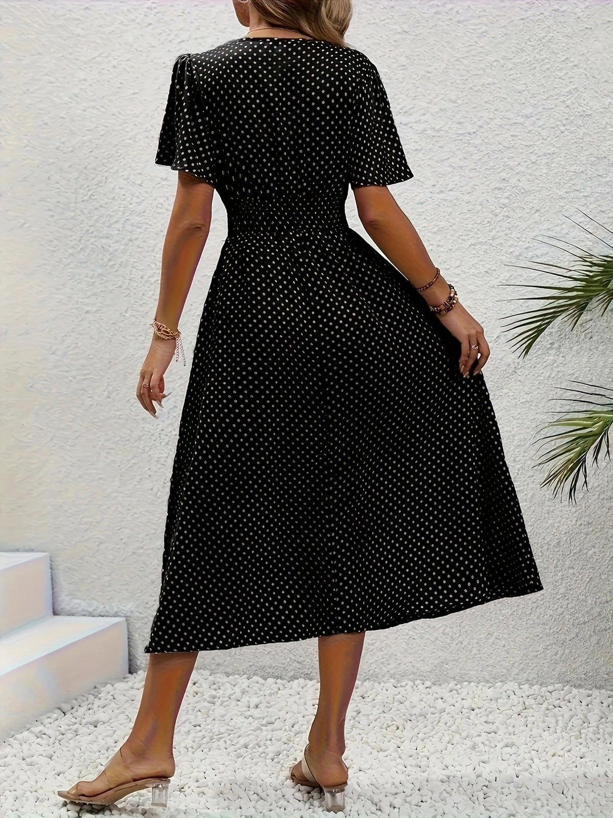 Polka Dot Swing Dress Women V-Neck Ruffled Sleeve Casual Long Dress Waist Enhancing Spring Summer Lightweight Pale Pink Gray Light Blue Green S-XXL