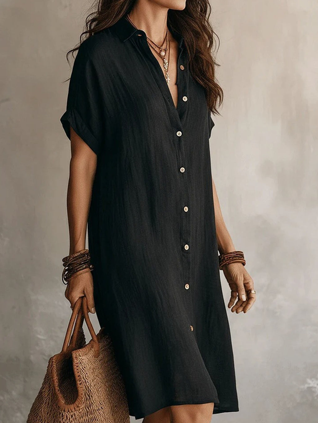Solid Color Shirt Dress Women Short Sleeve Buttoned Lapel Collar Midi Length Casual Semi-Formal Versatile Dress for Women