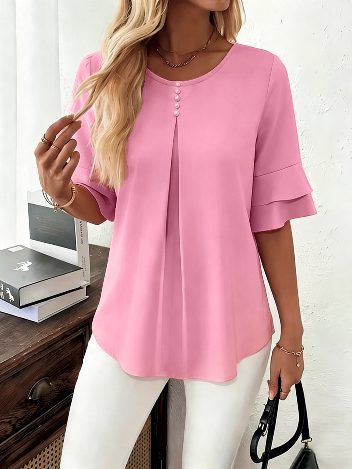 Flared Ruffle Sleeve Round Neck Blouse for Women – Loose Solid Color Button Top with 3/4 Bell Sleeves, Elegant Casual Spring Summer Shirt