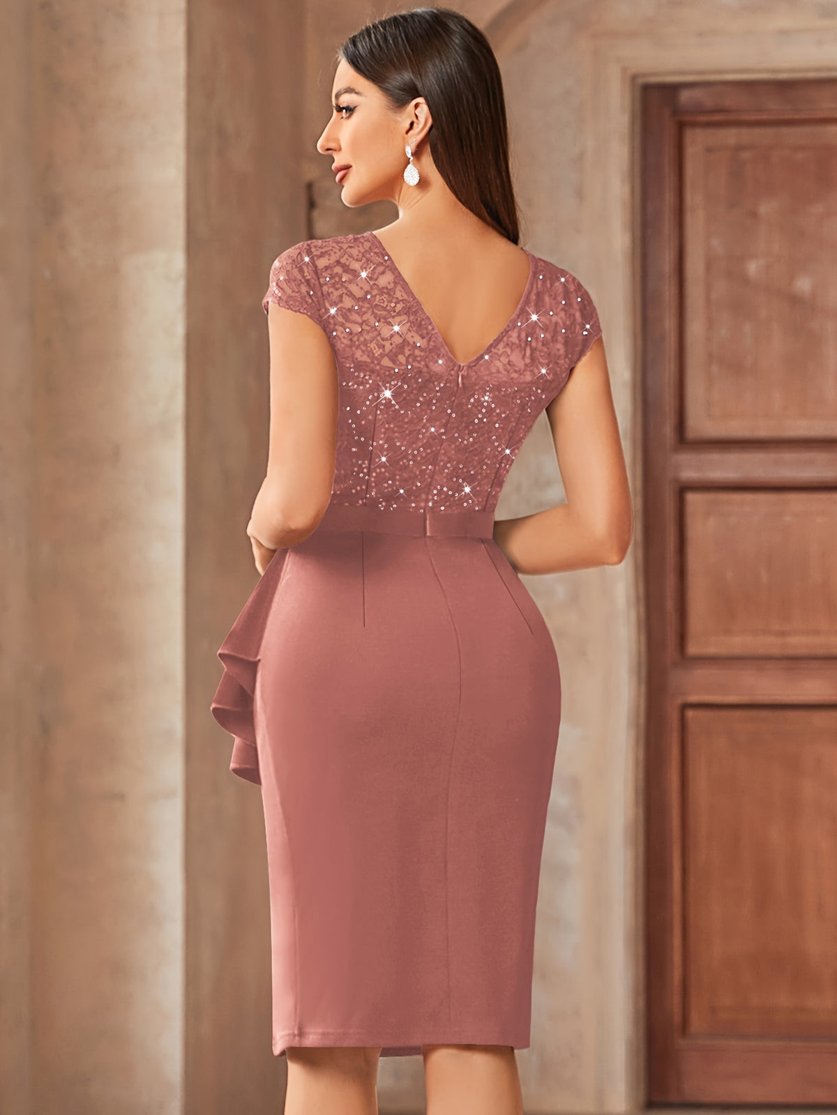 Sequin Lace Bridesmaid Midi Dress Women Cap Sleeve Ruffled Hem Side Slit Formal Wedding Guest Evening Dress
