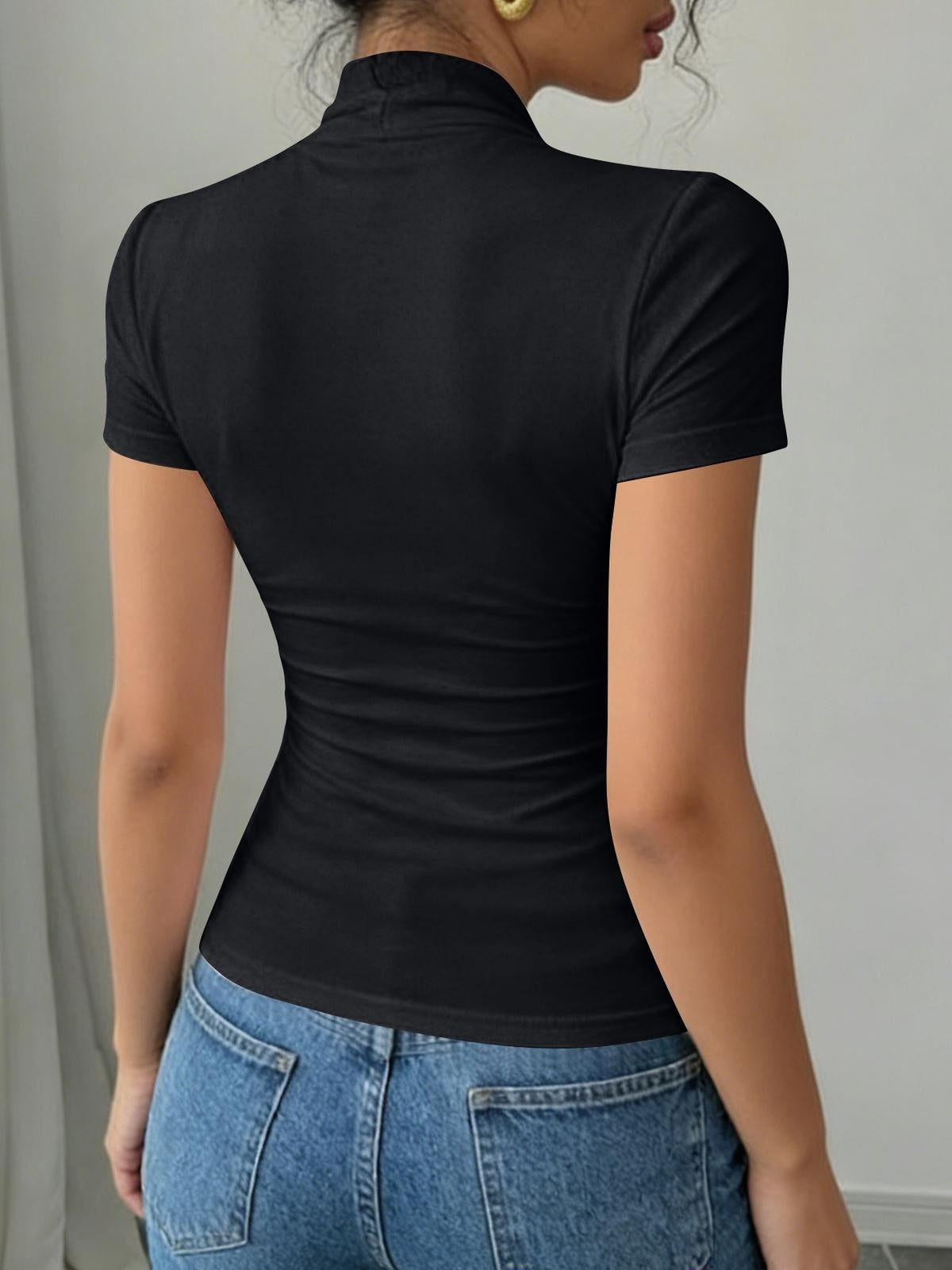 Sweetheart Neck Ruched Front T-Shirt Women Short Sleeve Slim Fit Stretch Tee Solid Color Fitted Casual Top Daily Work Travel Streetwear S-XXL