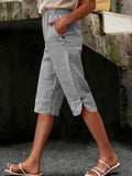 Women's Wide-Leg Capri Pants Elastic Waist Decorative Button Side Pockets Relaxed Fit Casual Summer Beach Trousers for Women