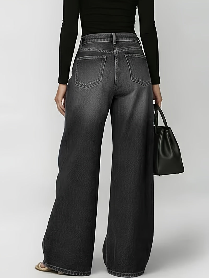 High Waist Wide Leg Jeans Women Retro Metal Eyelet Denim Pants Loose Casual Street Style Y2K Cool Streetwear