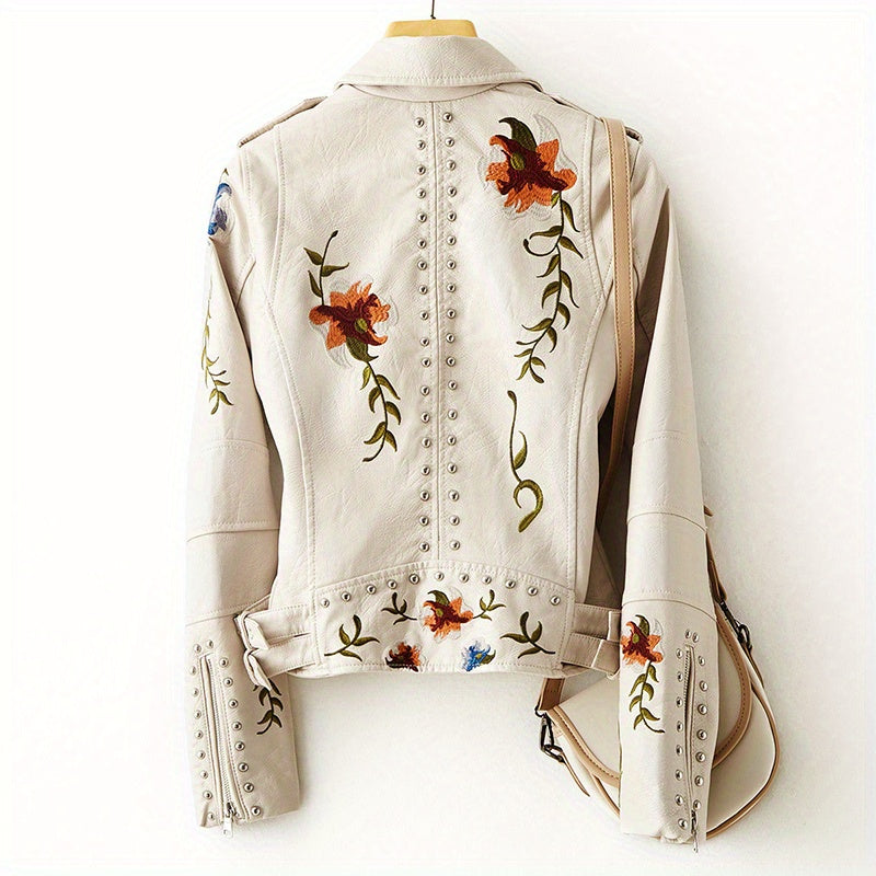 Floral Embroidered Moto PU Jacket Women Studded Faux Leather Coat Casual All Season Streetwear Biker Jacket