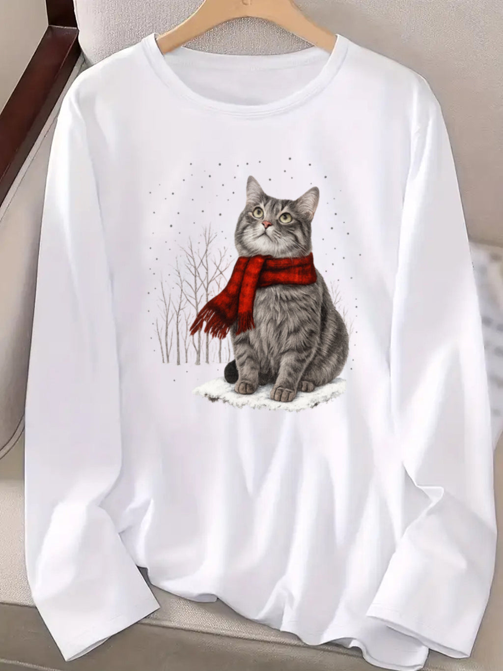 Christmas Cat Print Women Long Sleeve T-Shirt Crew Neck Casual Holiday Graphic Tee Soft Breathable Multi-Color Top Spring Fall