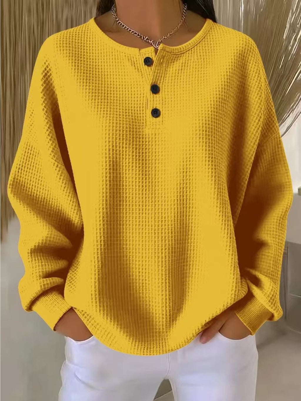 Waffle Knit Crewneck Pullover Top Women Long Sleeve Loose Casual Blouse Solid Color Lightweight Everyday Essential White Yellow S-XXL