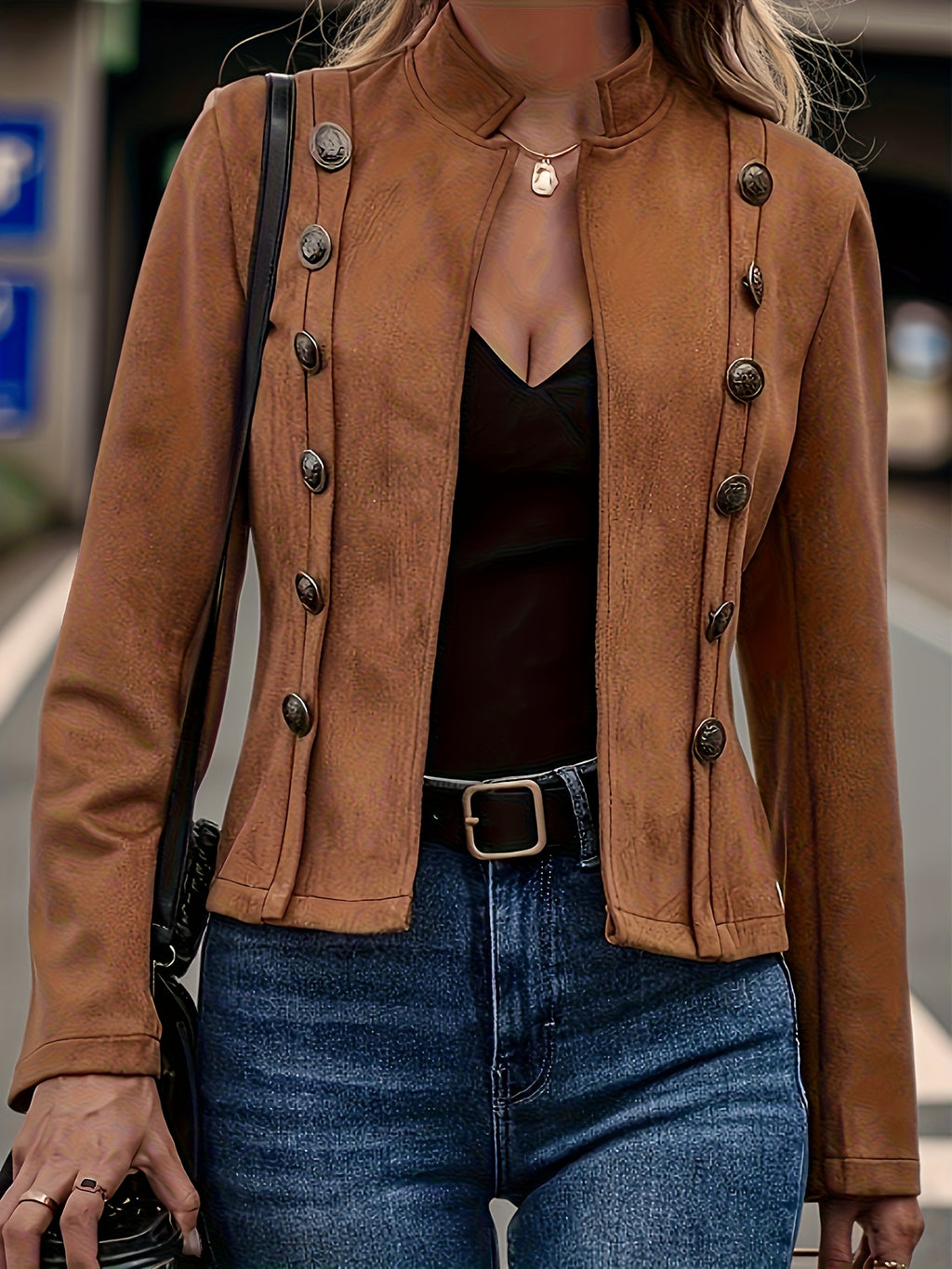 Women's Vintage Double Breasted Jacket Long Sleeve Woven Outwear Elegant Coat Spring Fall S-XXL