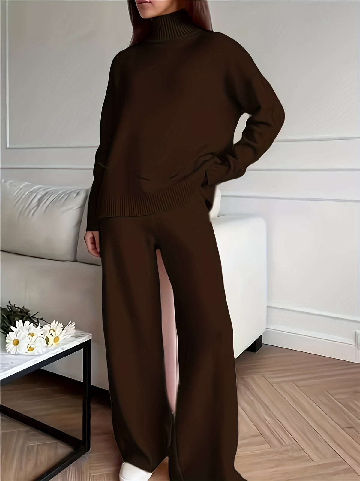 Turtleneck Knit 2-Piece Lounge Set for Women – Cozy Long Sleeve Textured Matching Set, Casual Fall Winter Loungewear Outfit for Relaxed Days & Outings