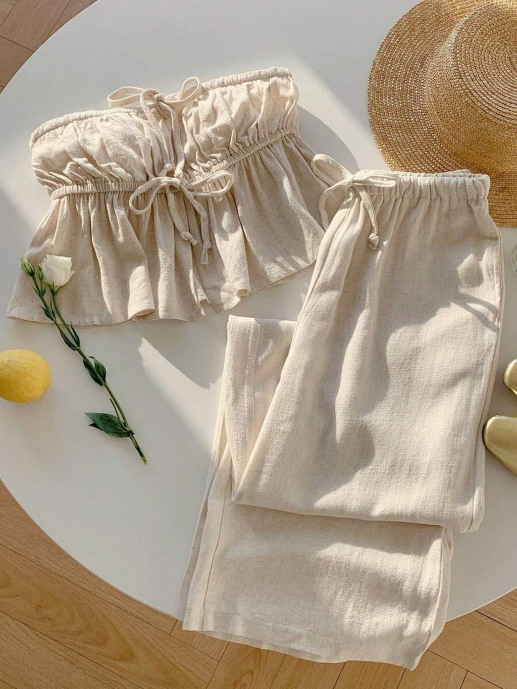 Strapless Tie Cropped Top and Wide Leg Pants 2pcs Set Women Spring Summer Vacation Casual Fresh Outfit S-XXL